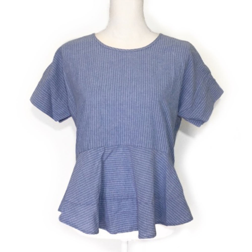 Chambray Pinstripe Blue White Ruffle Top Blouse